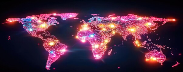 Poster - Cancer awareness concept. Vibrant digital world map showcasing bright, interconnected networks across continents.