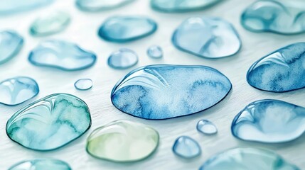 Poster - Water watercolor concept. Close-up of transparent water droplets on a smooth surface, showcasing natural beauty.