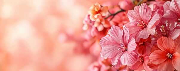 Poster - Tropical watercolor idea. Beautiful pink flowers blooming with soft bokeh background, symbolizing spring's arrival.