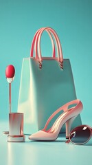 Poster - luxurious and stylish 3D scene showcasing a variety of fashion accessories, including a trendy shopping bag, high heels, lipstick, and sunglasses,