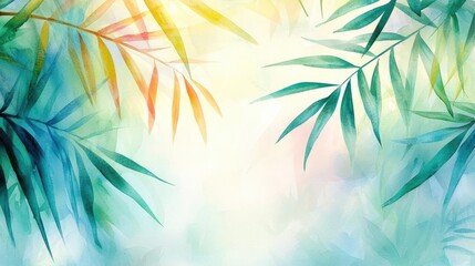 Poster - Tropical watercolor idea. A vibrant watercolor background with lush bamboo leaves and soft, diffused colors.