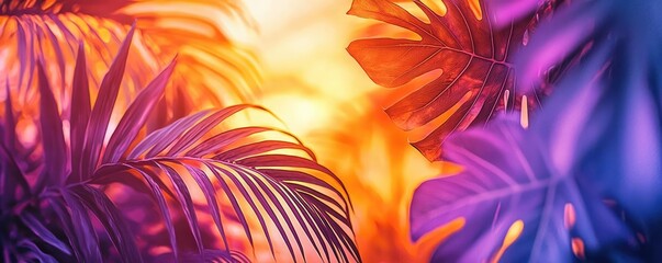 Aufkleber - Tropical watercolor idea. Vibrant tropical leaves illuminated by a warm sunset, creating a colorful atmosphere.