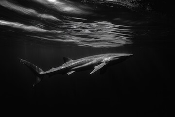 Poster - surface, its smooth body cutting through the water, illuminated by the faint light from above