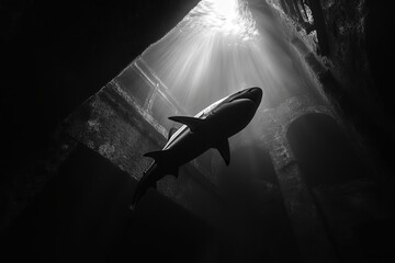 Poster - surface, its smooth body cutting through the water, illuminated by the faint light from above