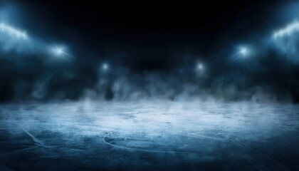 Aufkleber - dark atmospheric ice rink illuminated by hazy bright spotlights with a foggy frozen surface, ideal for sports or dramatic backdrops

