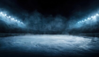 Aufkleber - dark atmospheric ice rink illuminated by hazy bright spotlights with a foggy frozen surface, ideal for sports or dramatic backdrops

