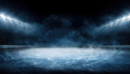 Aufkleber - dark atmospheric ice rink illuminated by hazy bright spotlights with a foggy frozen surface, ideal for sports or dramatic backdrops

