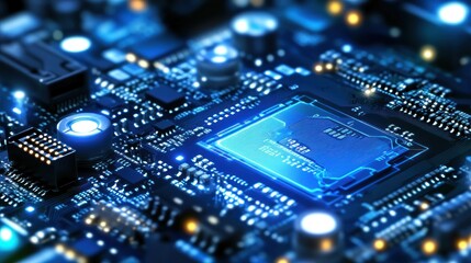 Poster - Close-up glowing CPU on circuit board, tech background, digital concept