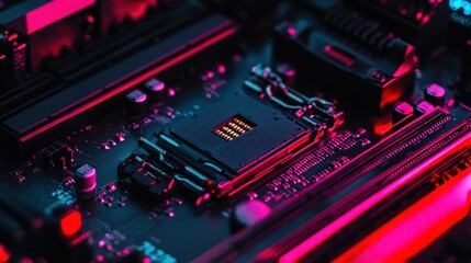 Poster - Neon Motherboard: A Close-Up of Computer Hardware