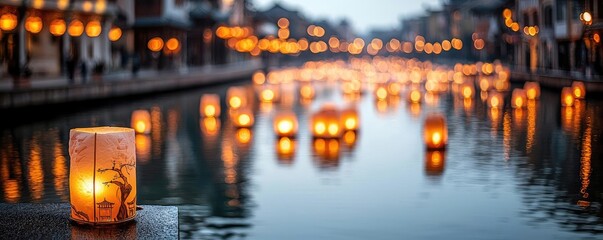 Poster - Chinese new year celebration idea. A serene view of illuminated lanterns floating on water during a tranquil evening.