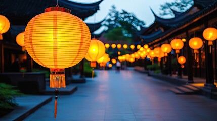 Poster - Chinese new year celebration idea. A serene night scene featuring glowing lanterns illuminating a tranquil pathway.