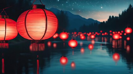 Poster - Chinese new year celebration idea. A serene night scene with red lanterns reflecting on the tranquil water under starry skies.