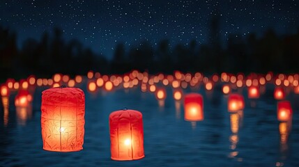 Poster - Chinese new year celebration idea. Beautiful floating lanterns illuminate a serene night sky over calm waters.