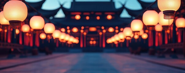 Poster - Chinese new year celebration idea. A serene lantern-lit pathway showcasing traditional architecture at dusk.