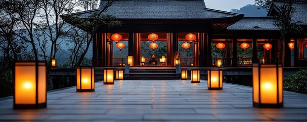 Aufkleber - Chinese new year celebration idea. Scenic view of a serene pavilion lit by glowing lanterns in a tranquil setting.