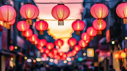 Aufkleber - Chinese new year celebration idea. Vibrant red lanterns line a street, creating a festive ambiance at sunset.