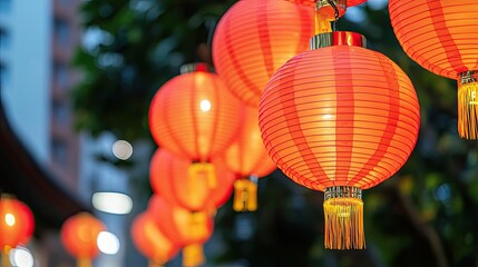 Poster - Chinese new year celebration idea. Vibrant red lanterns illuminate a festive atmosphere in the evening.