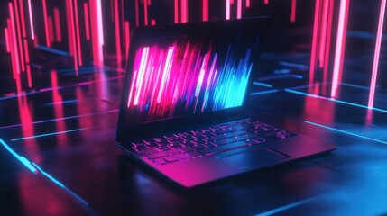 Poster - Neon Laptop in Futuristic Setting: Vibrant Digital Art