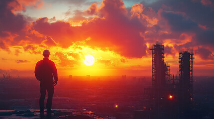 Poster - silhouette of a builder against the backdrop of a sunset and a construction site . Generative AI