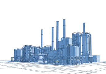 Poster - volumetric sketch of an industrial complex . Generative AI