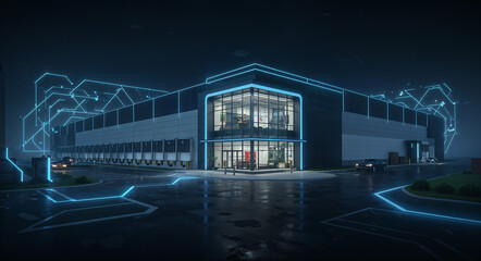 Poster - abstract volumetric illustration of a model of a futuristic industrial complex . Generative AI