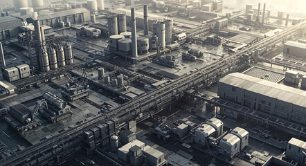 Poster - abstract volumetric illustration of a model of a futuristic industrial complex . Generative AI