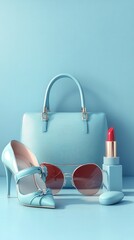 Poster - pastel blue background sets the stage for a stunning display of fashion accessories, featuring a designer bag, elegant high heels, lipstick, and sunglasses.