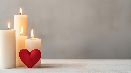 Poster - Valentine love idea. A serene arrangement of lit candles with a red heart accent on a peaceful background.