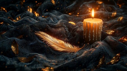 Canvas Print - Lit candle, gold feather, and leaves on dark fabric.