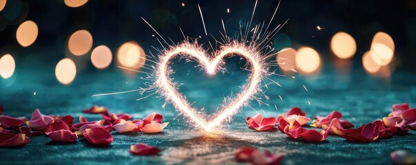 Poster - Valentine romance concept. Sparkling heart shape surrounded by rose petals creates a romantic ambiance.