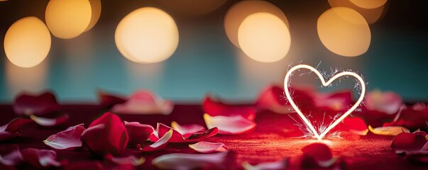 Poster - Valentine romance concept. A glowing heart shape created with sparklers on a backdrop of rose petals.