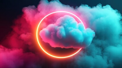 Poster - Neon ring encircles cloud, vibrant smoke, dark backdrop, digital art