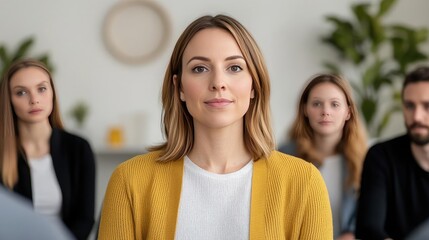 Poster - Women leadership concept. Focused woman in a meeting setting with attentive audience in the background.