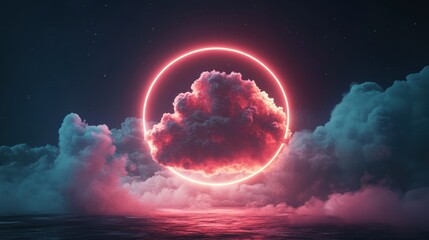Poster - Neon ring encircles cloud, night sky, reflective water, fantasy backdrop