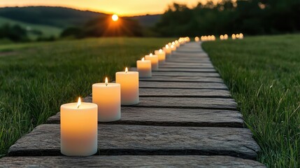 Poster - Valentine love idea. Pathway lined with glowing candles under a beautiful sunset in serene nature.