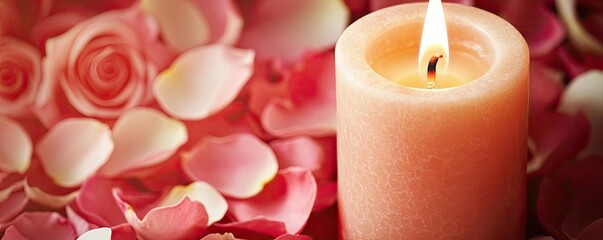 Poster - Valentine love idea. A soft candlelight glow surrounded by delicate rose petals for a romantic ambiance.