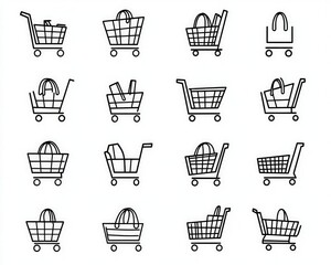 Fototapete - set of minimalist vector icons featuring shopping bags, shopping carts, and trolleys in outline style.