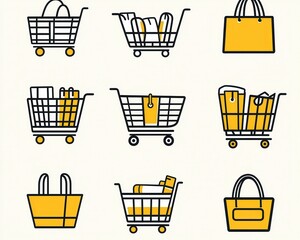 Fototapete - set of minimalist vector icons featuring shopping bags, shopping carts, and trolleys in outline style.