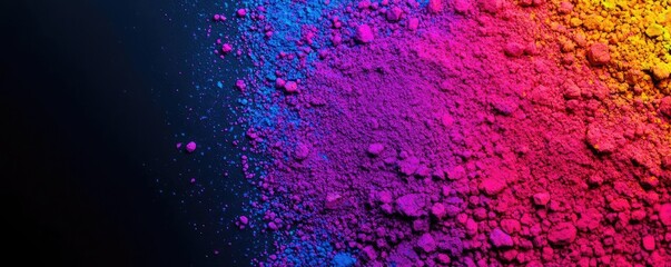 Poster - Rainbow holi idea. Vibrant color powder spread across a black background, perfect for creative projects.