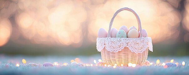 Aufkleber - Pastel easter idea. A beautifully arranged basket of pastel Easter eggs surrounded by glowing lights.