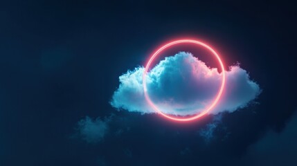 Poster - Neon ring encircles cloud, night sky, digital art, website banner