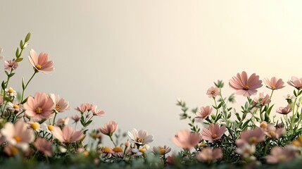 Poster - Pastel spring concept. A serene field of blooming pink flowers against a soft, blurred background.