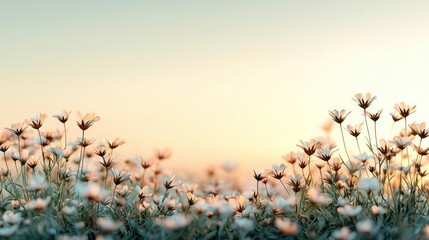 Aufkleber - Pastel spring concept. A serene field of delicate flowers basking in the soft light of a sunset glow.