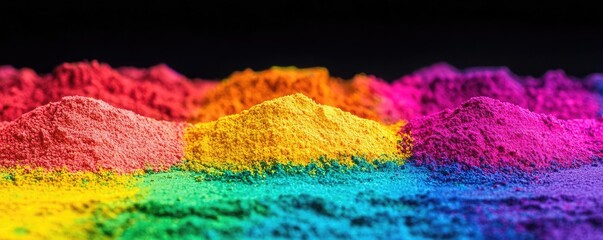 Poster - Rainbow holi idea. Vibrant colored powders arranged in rainbow patterns for artistic or festive use.