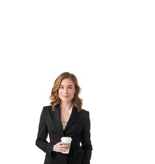 Wall Mural - A professional photograph of a confident woman in a sleek black suit, holding a coffee cup and smiling warmly, isolated on a white background. 8k UHD, suitable for high-quality printing or digital 