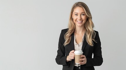 Wall Mural - A professional photograph of a confident woman in a sleek black suit, holding a coffee cup and smiling warmly, isolated on a white background. 8k UHD, suitable for high-quality printing or digital 