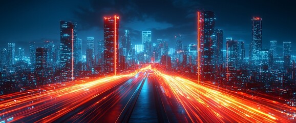 Poster - Futuristic city highway at night with neon lights.