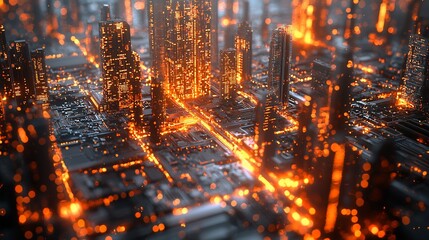Poster - Futuristic city built on a circuit board at night, glowing orange.