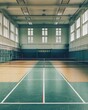 © peerawat - A serene image of an empty gym with neatly arranged badminton nets and racks of shuttlecocks