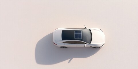 Poster - A top-down view of a white car featuring a solar panel on the roof, set against a light background.